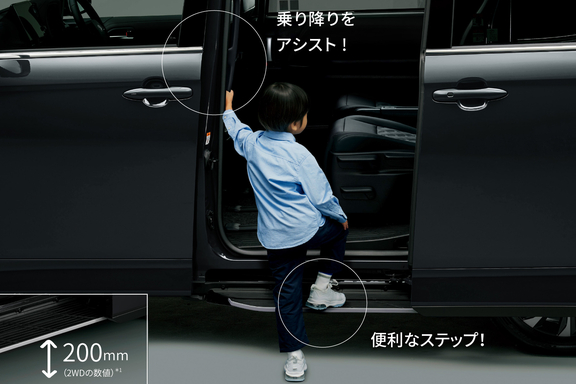 【モデル入り素材】●ユニバーサルステップ（助手席側）［全車にメーカーオプション］●ロングアシストグリップ（センターピラー左右）